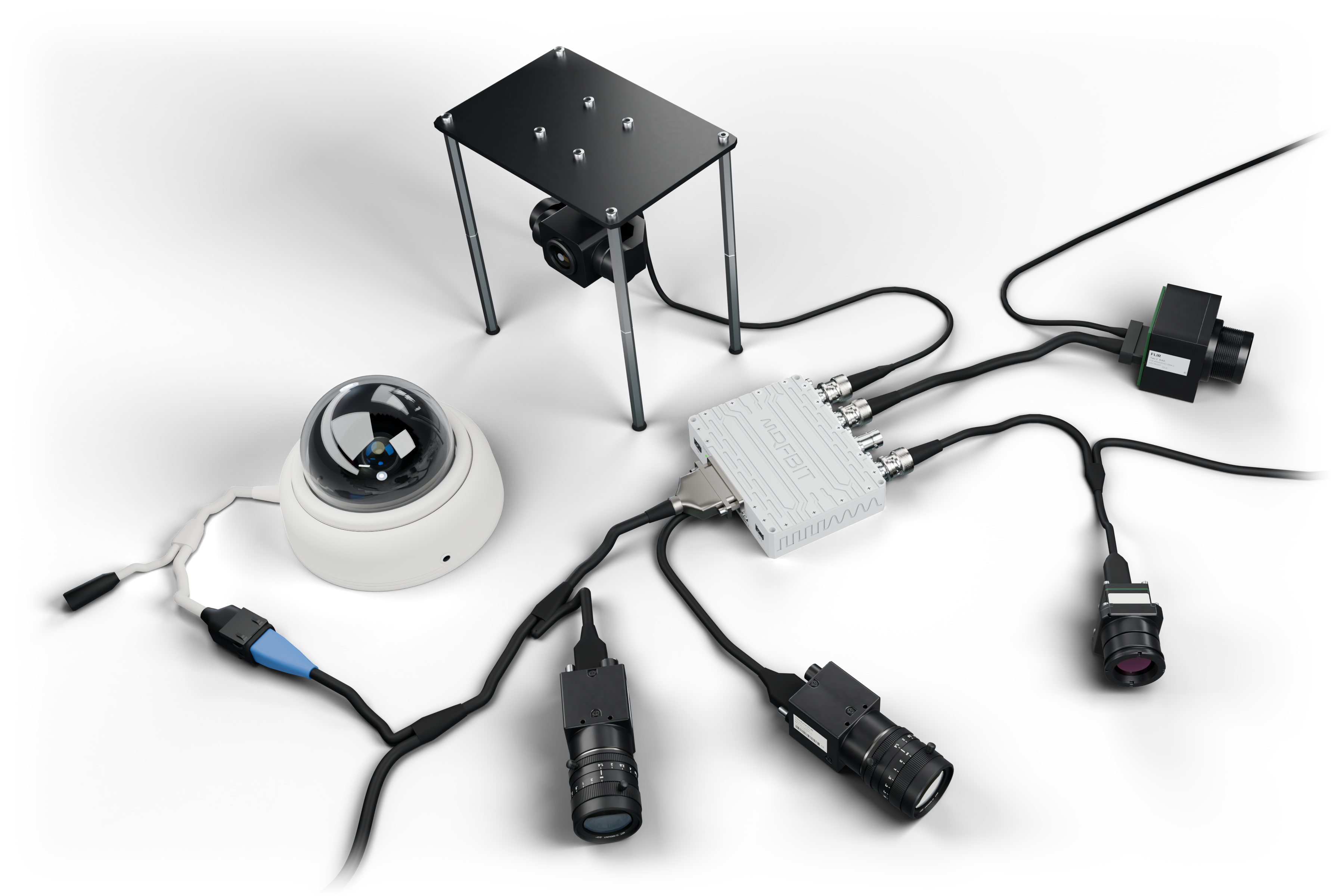 VCU with a thermal core, a Boson and a gimbal camera on BNC, a GigE Vision camera and an IP dome on Ethernet, and a USB3 Vision camera on USB-C