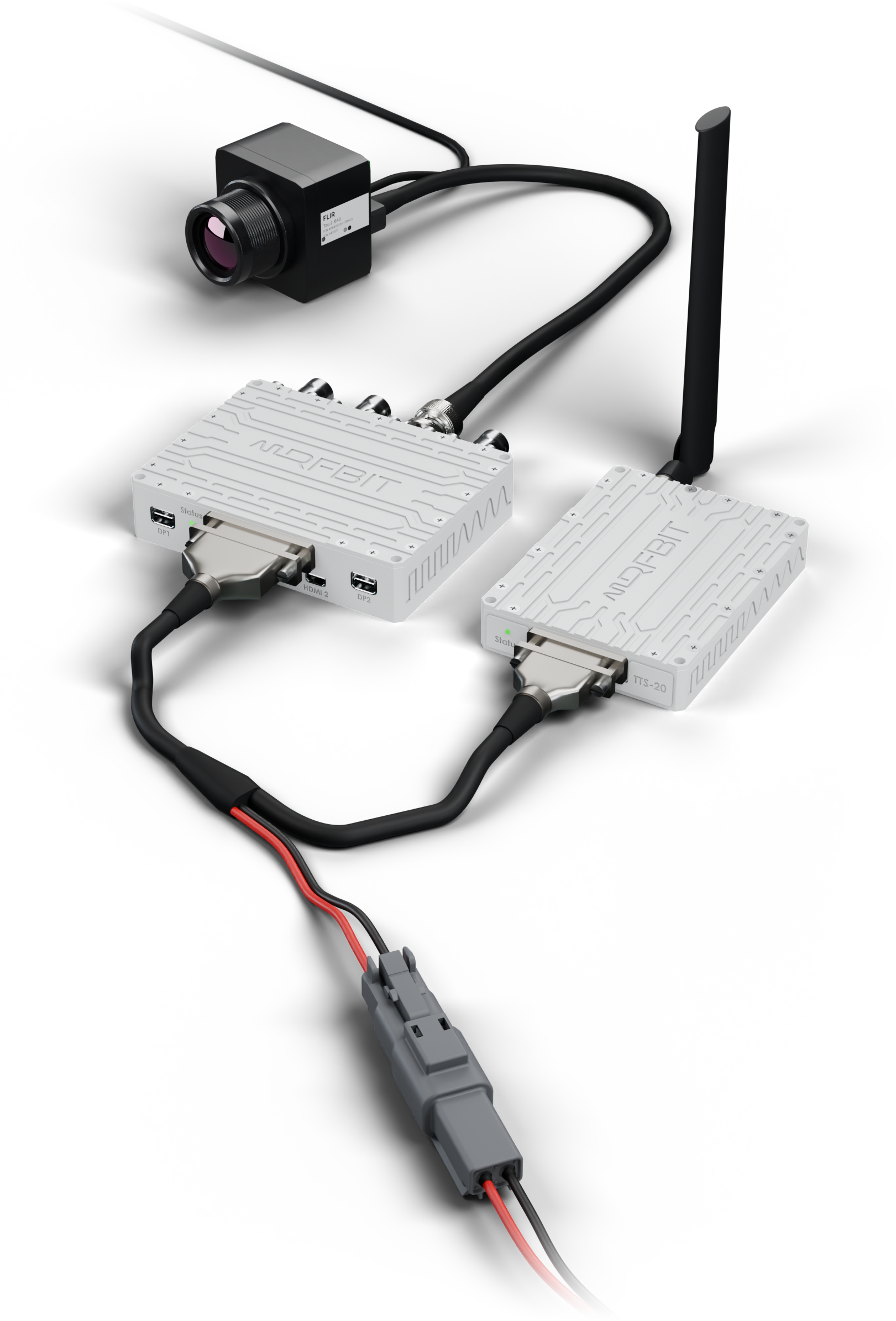 VCU connected to a TTS telemetry transmitter with one harness, an omni antenna on the TTS and a Tau 2 thermal core on BNC